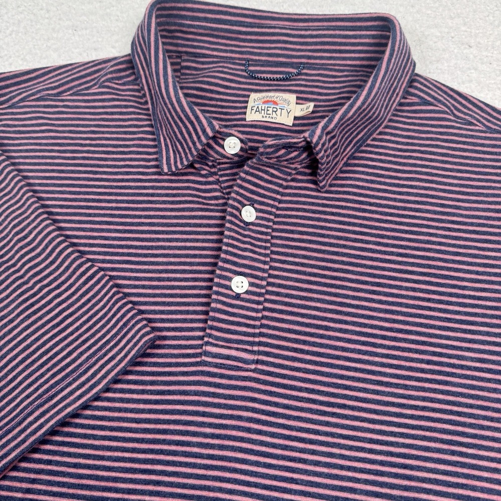 Faherty Movement Polo Shirt Mens XL Navy Pink Stripe Pima Cotton Modal Stretch